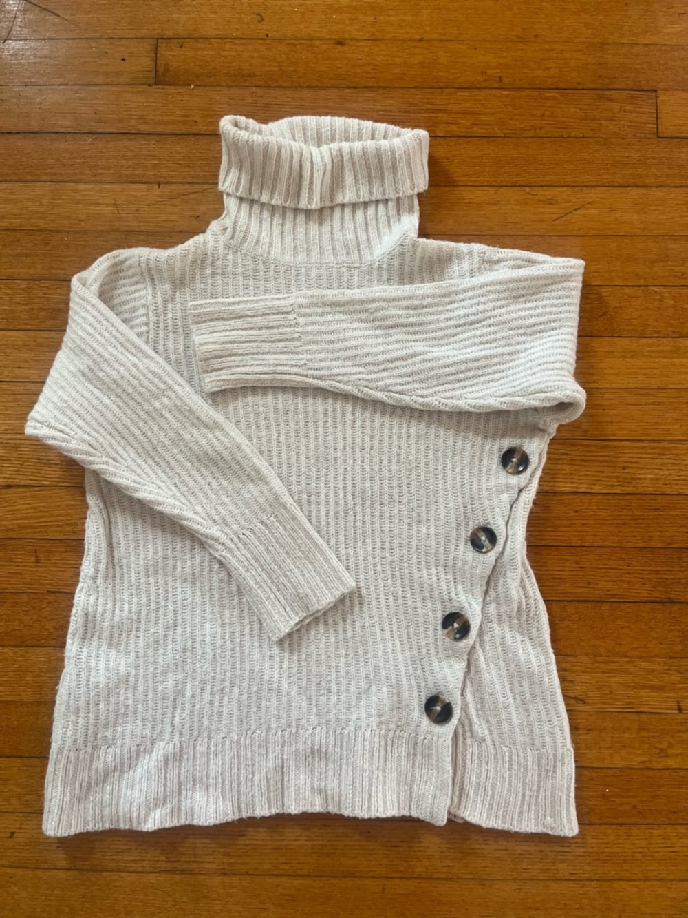 Turtleneck Ribbed Button-Accent Sweater - Cream